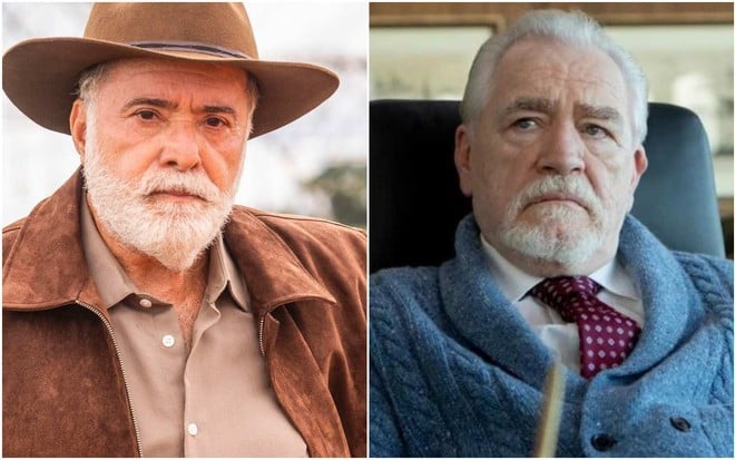 Montagem com fotos dos atores Tony Ramos na novela Terra e Paixão e Brian Cox na série Succession, ambos sérios