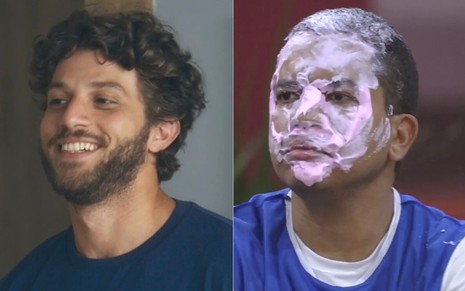 Montagem de fotos com Chay Suede sorridente em cena de Travessia e Bruno Nogueira com torta na cara no BBB 23
