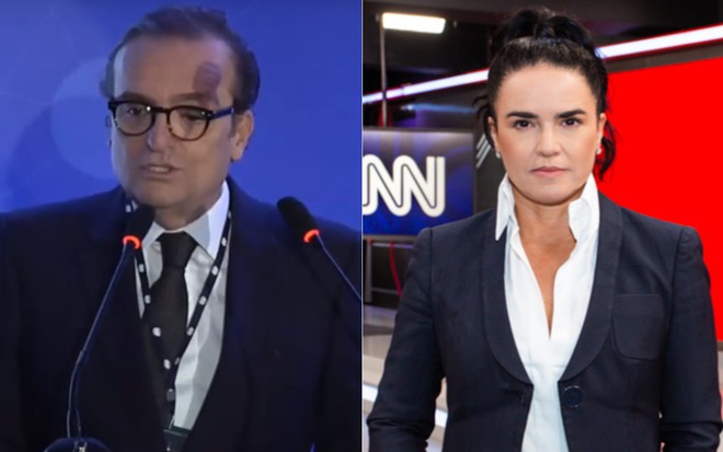 Tutinha Amaral de terno falando ao microfone, e Renata Afonso posada, usando um terno azul e camisa branca