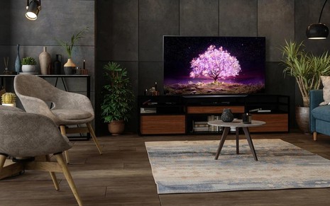 TV OLED instalada em uma sala com decoração moderna