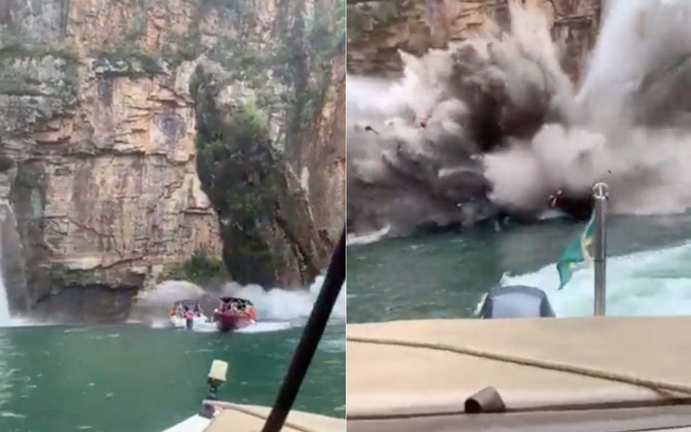 Imagem de vídeo em que lanchas aparecem antes de serem atingidas por rochas (à esquerda) e depois com uma névoa de poeira (à direita)