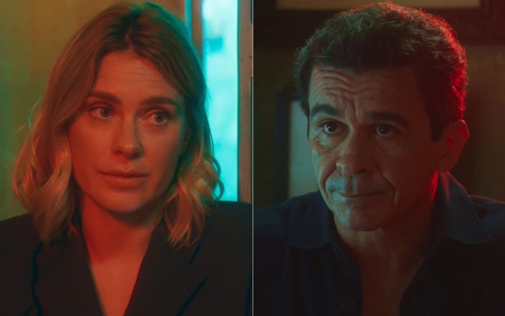 Montagem de fotos de Lumiar (Carolina Dieckmann) e Geremias (Marcello Gonçalves) em cena da novela Vai na Fé