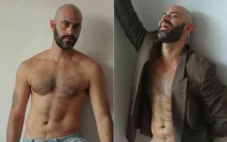 Montagem com duas fotos de Lucas Oradovschi em estúdio; na primeira, ele está sem camisa; na segunda, usa apenas um paletó sobre o peito desnudo e sorri