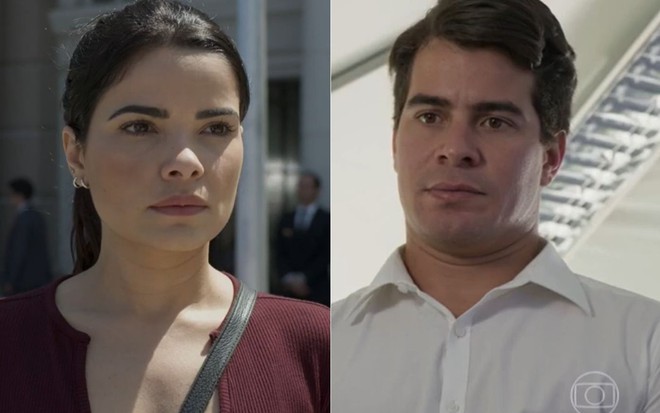 Montagem com Vanessa Giácomo e Thiago Martins em cenas como Antônia e Júlio na novela Pega Pega
