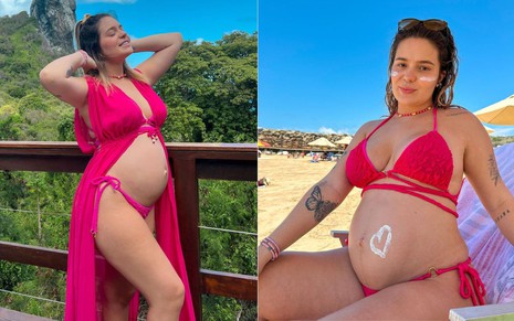 Montagem com duas fotos de Viih Tube usando biquíni rosa e exibindo a barriga de grávida