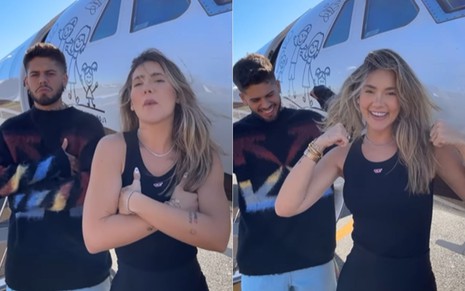 De roupas pretas, Zé Felipe e Virginia Fonseca dançam em frente a avião particular do cantor