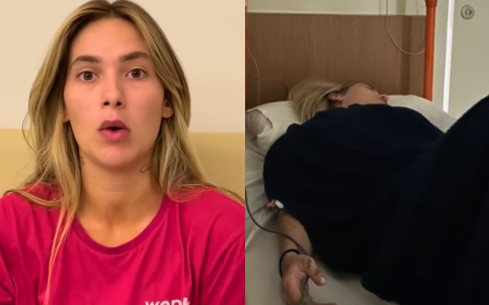 Virginia Fonseca em vídeo no YouTube (à esquerda) e em cama de hospital, com um cobertor em cima do corpo (à direita)