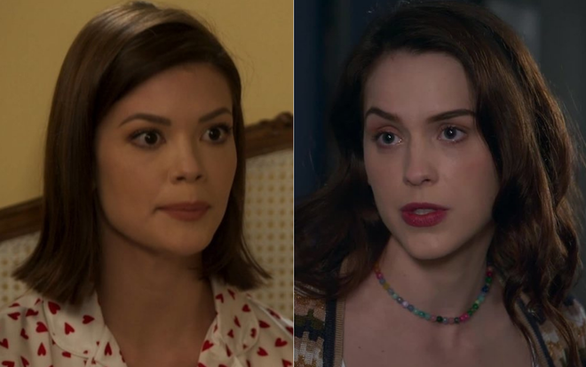 Montagem com as atrizes Vitória Strada e Sophia Abrahão como Kyra/Cleyde e Júlia em cenas de Salve-se Quem Puder