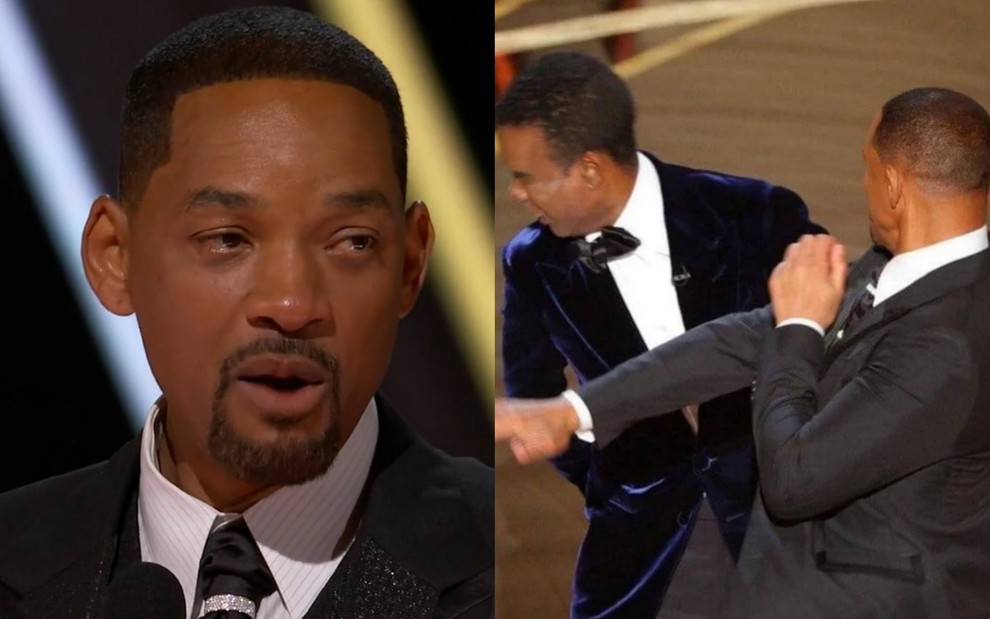 Na montagem, Will Smith discursa no Oscar 2022 (à esquerda); Smith dá tapa em Chris Rock no Oscar 2022 (à direita)
