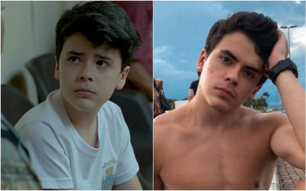 Montagem com duas fotos de Yago Machado, uma delas como Luciano na novela Império e outra hoje em dia, aos 20 anos