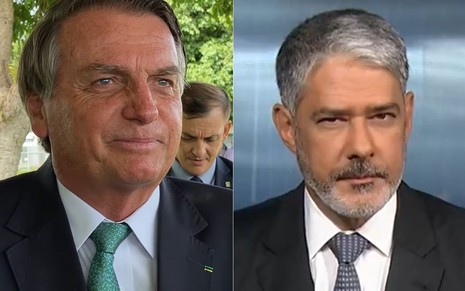 Montagem de fotos com o presidente Jair Bolsonaro (à esq.) e o âncora William Bonner no Jornal Nacional, da Globo