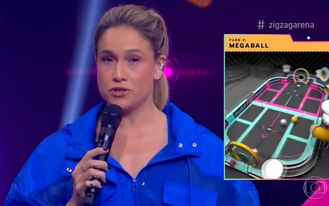 Fernanda Gentil explicando prova no programa de estreia do Zig Zag Arena, da Globo