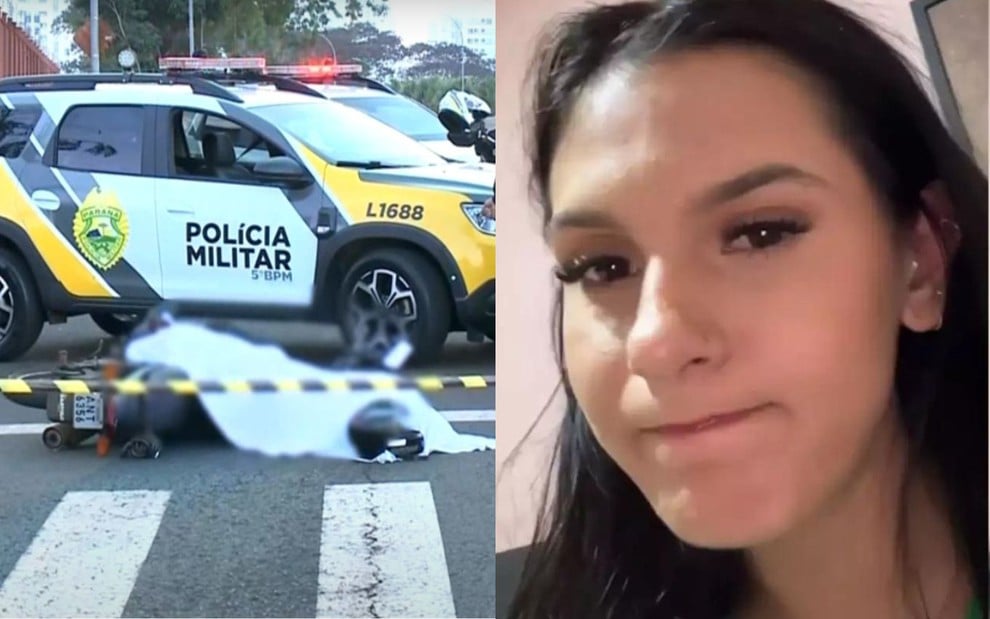 Na montagem: um carro de polícia está atrás de um corpo coberto (à esquerda); e a cantora Ana Castela com expressão neutra (à direita)