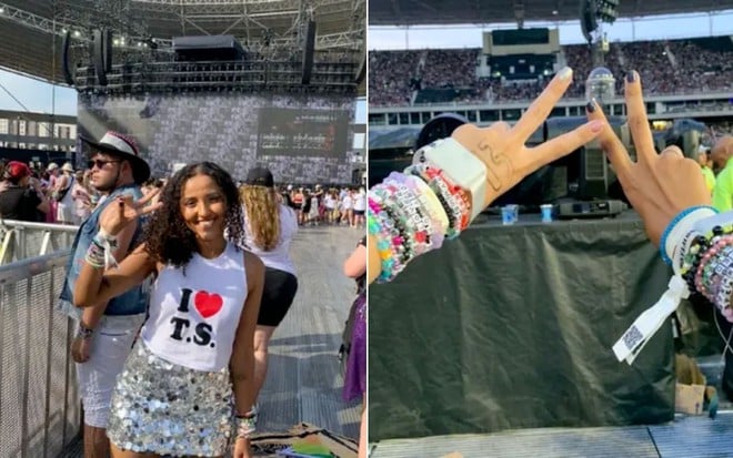 Montagem com foto de Ana Clara Benevides à esquerda e a mão dela com as pulseiras da amizade à direita