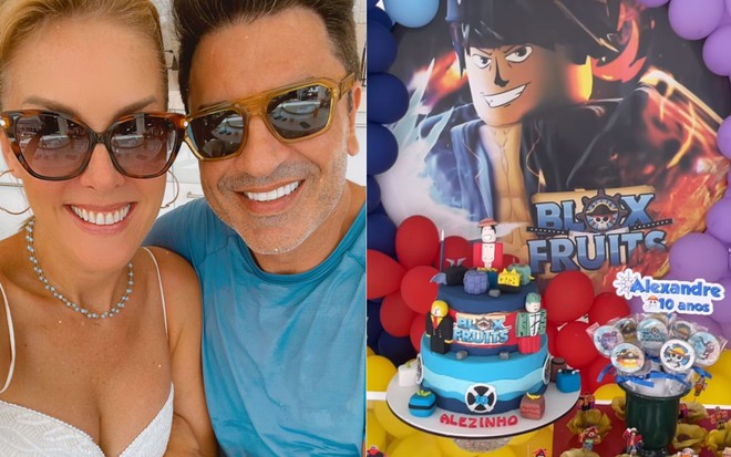 Montagem com fotos de Ana Hickmann e Edu Guedes e outra da decoração da festa de Alezinho