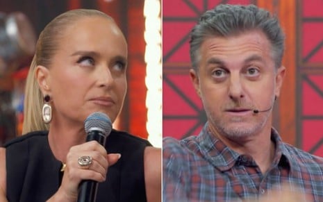 Montagem com Angélica à esquerda e Luciano Huck à direita no quadro Batalha do Lipsync do Domingão