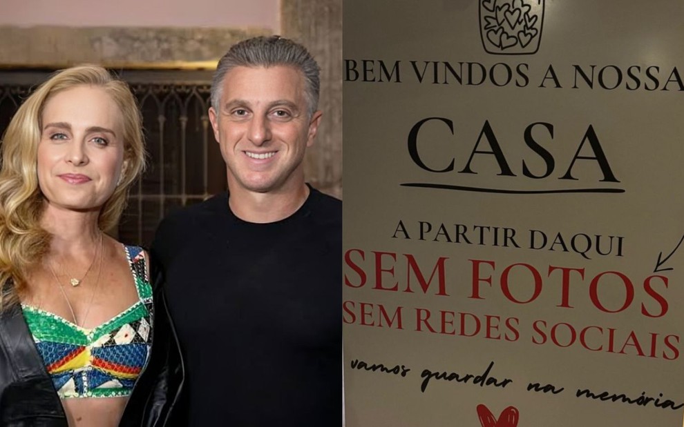 Na montagem: Angélica e Luciano Huck (à esquerda); e mensagem na porta da casa dos apresentadores (à direita)