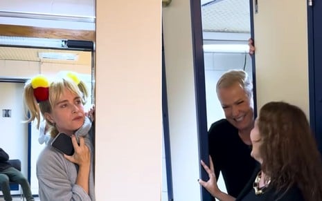 À esquerda, Angélica vestida de Xuxa se esconder da própria Xuxa, à direita, em um camarim da Globo