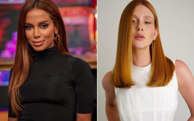 Montagem de fotos de Anitta, que veste preto, e Marina Ruy Barbosa, que usa roupa branca