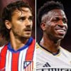 Imagem com os jogadores Griezmann (Atlético de Madrid), à esquerda, e Vini Jr. (Real Madrid), à direita