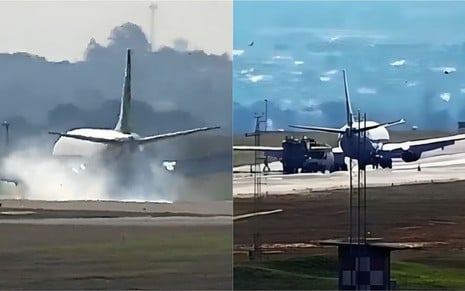 Na montagem: Pneu de avião estoura (à esquerda); e avião é abandonado em pista (à direita)