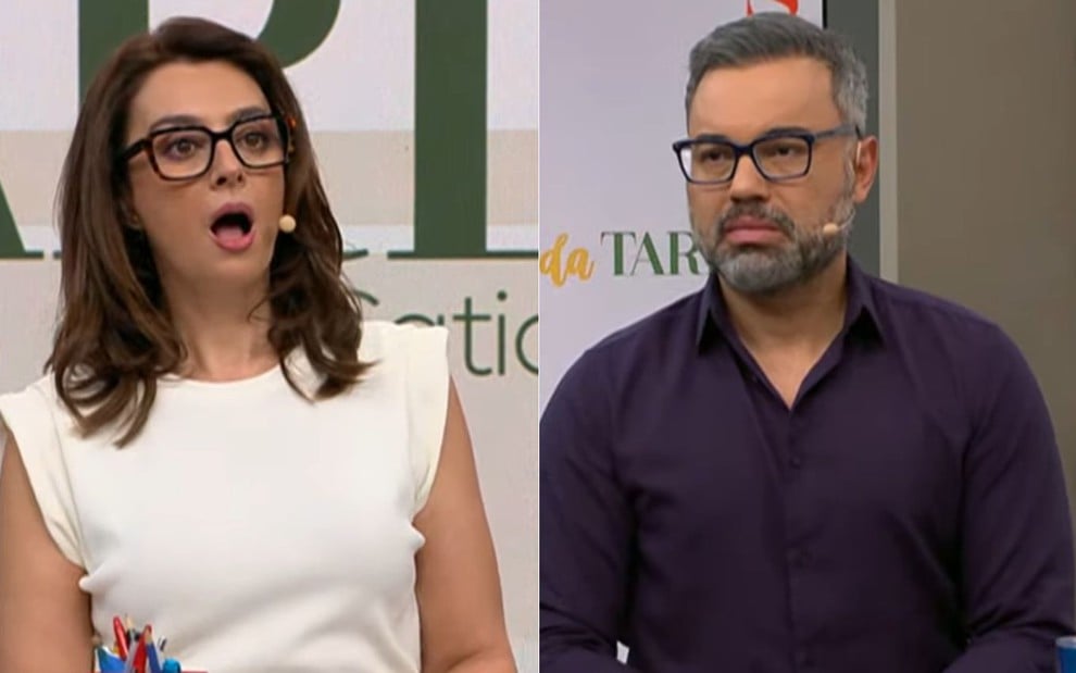 Montagem com fotos de Catia Fonseca e Alex Sampaio no Melhor da Tarde; ela tem expressão de choque