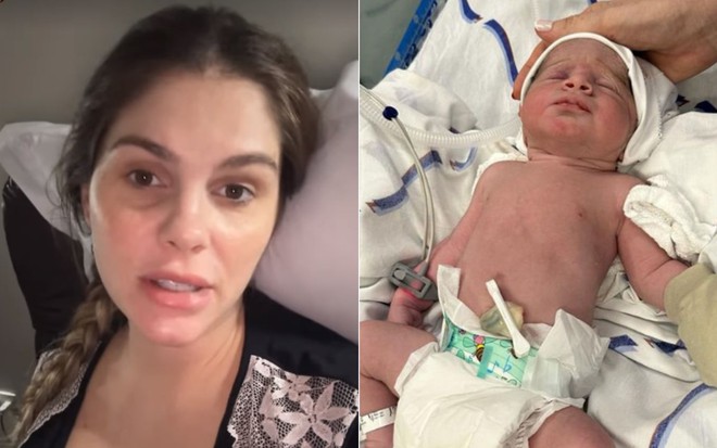 Montagem de Bárbara Evans falando no Stories e uma foto de Álvaro recém-nascido