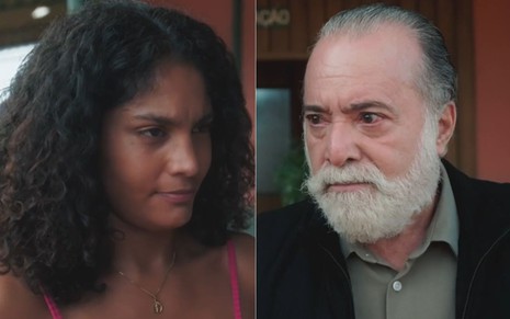 Montagem com Aline (Barbara Reis) e Antônio (Tony Ramos) em cena da novela Terra e Paixão