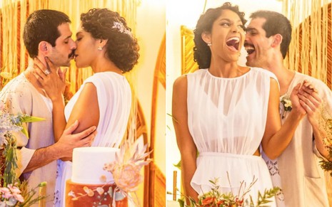 Montagem com duas fotos do casal Barbara Reis e Raphaél Najàn no dia do casamento; em uma eles estão se beijando e na outra estão gargalhando