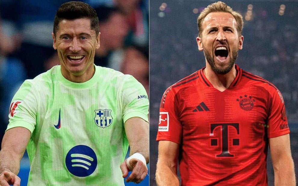 Imagem com os jogadores Lewandowski (Barcelona), à esquerda, e Kane (Bayern), à direita