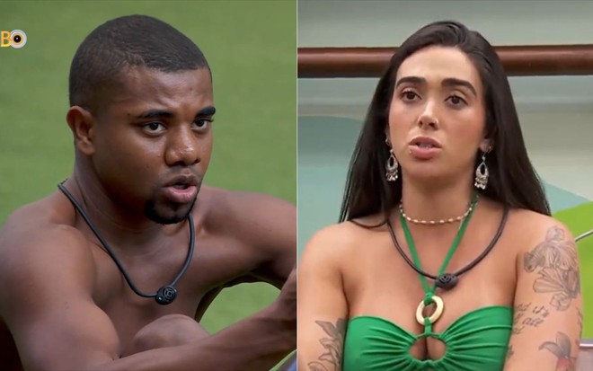 Montagem com fotos de Davi Brito e Giovanna Lima com expressões de irritação no BBB 24