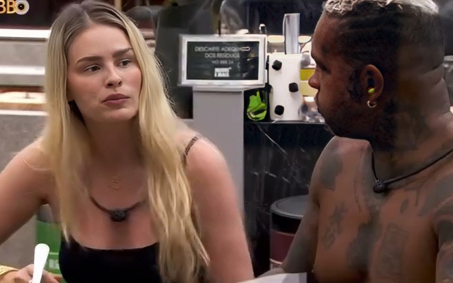 De boca cheia, Yasmin Brunet encara Rodriguinho com desprezo na cozinha do BBB 24