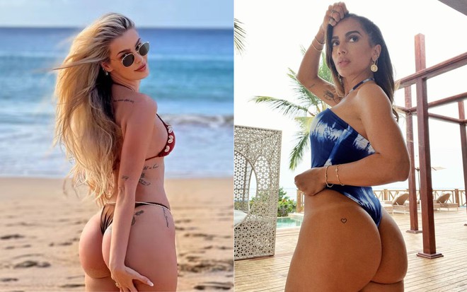 Montagem com fotos de Yasmin Brunet de biquíni e Anitta de maiô; ambas ressaltam o bumbum nas imagens