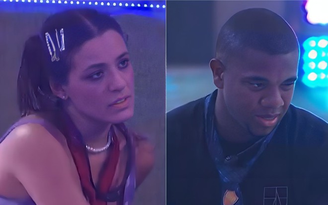 Montagem com Beatriz e Davi conversando na festa do BBB 24