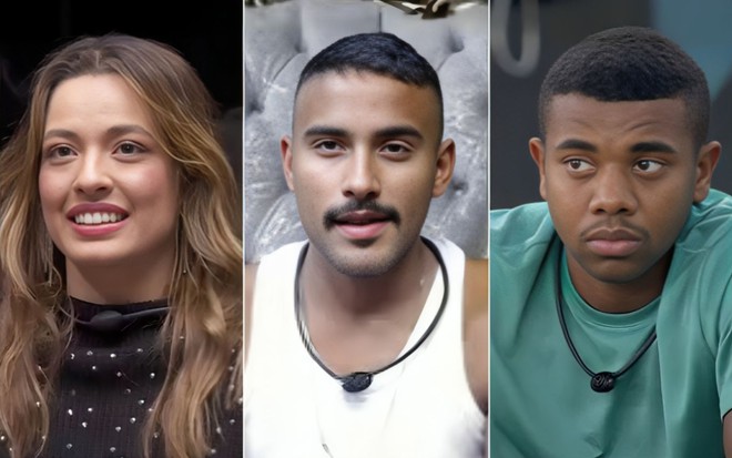 Montagem com Beatriz Reis à esquerda, Lucas Pizane no centro e Davi Brito à direita no BBB 24