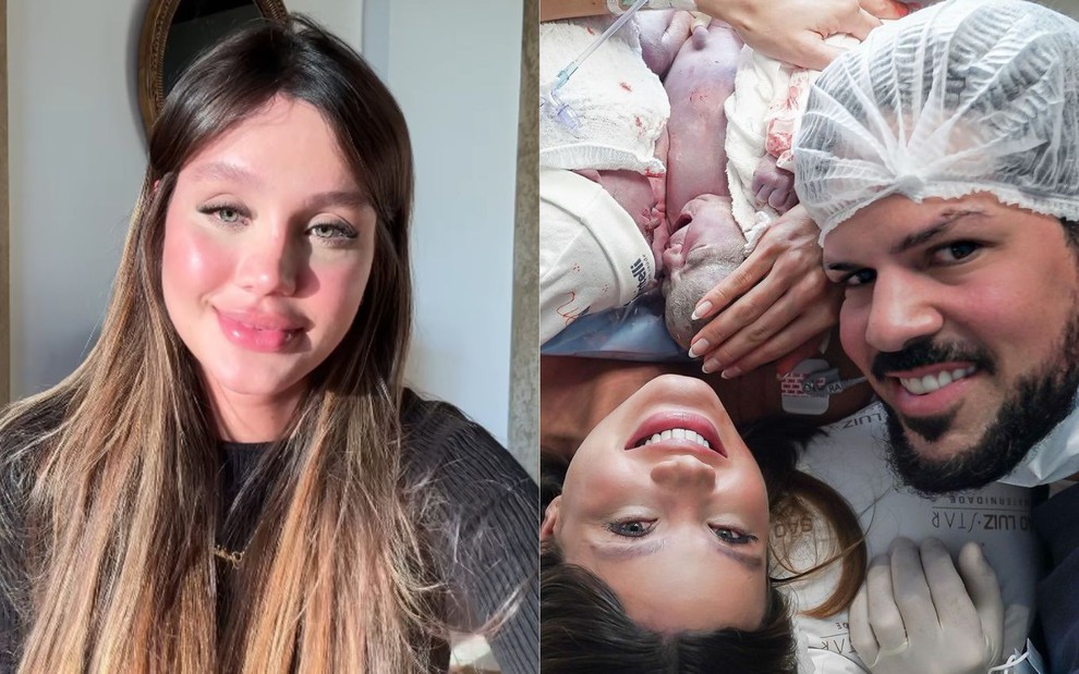 Na montagem: Biah Rodrigues (à esquerda); e Sorocaba ao lado da mulher e dos filhos recém-nascidos (à direita)