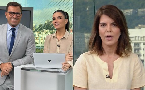 Rodrigo Bocardi, Sabina Simonato e Mariana Gross nos cenários panorâmicos da Globo em SP e RJ