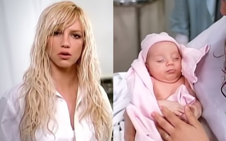 Na montagem em cena do clipe de Everytime (à esquerda) e bebê com roupa rosa, em um colo (à direita)