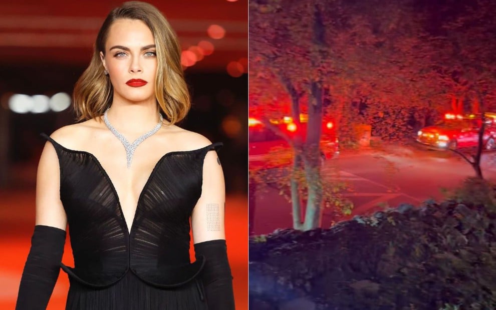 Montagem com fotos de Cara Delevingne glamourosa no Oscar e de carros de bombeiro em sua mansão