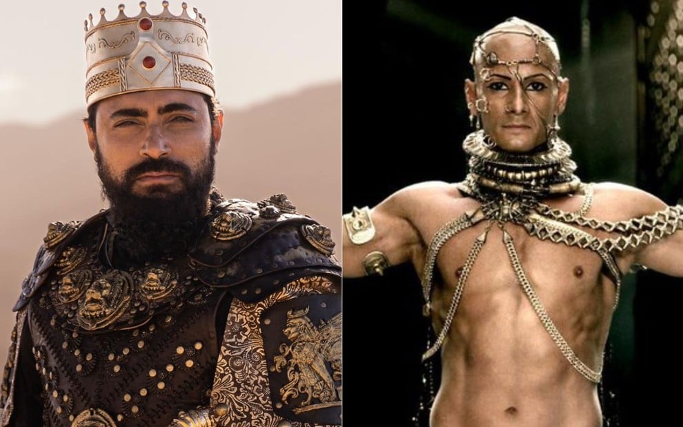 Carlo Porto como o rei Xerxes em A Rainha da Pérsia, e Rodrigo Santoro como o personagem em 300