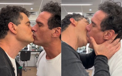 Montagem com dois frames do vídeo de Carmo Dalla Vecchia e Domingos de Alcantara se beijando
