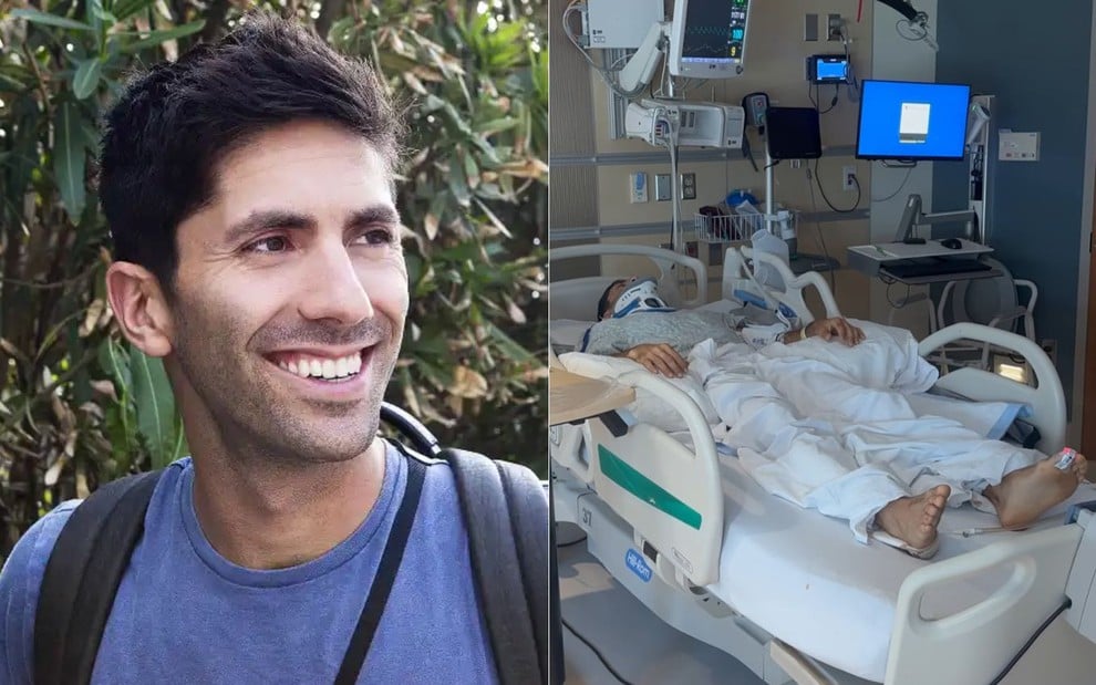 Montagem com fotos de Nev Schulman no Catfish e em cama de hospital