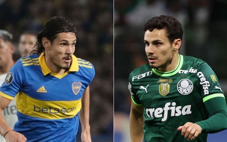 Montagem de fotos com Cavani no Boca Juniors e Raphael Veiga em jogo do Palmeiras