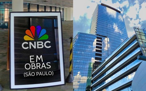 Na montagem: placa de obras da CNBC Times Brasil (à esquerda); e Edifício Berrini One, em São Paulo (à direita)
