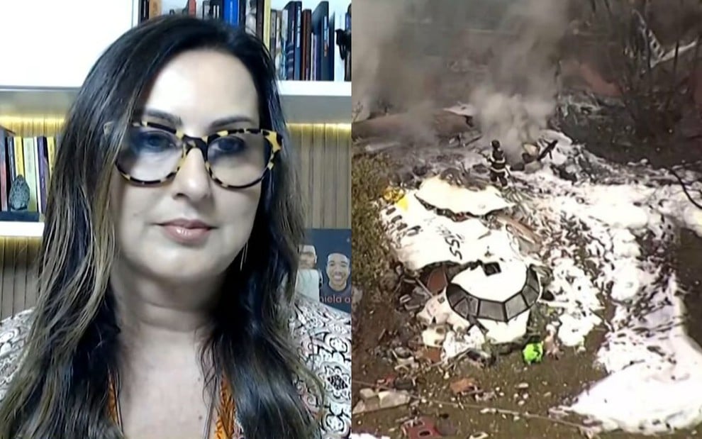 Na montagem: Daniela Arbex (à esquerda); e avião da Voepass destroçado (à direita)