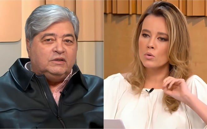 Montagem com Datena e Natuza Nery em sabatina da GloboNews