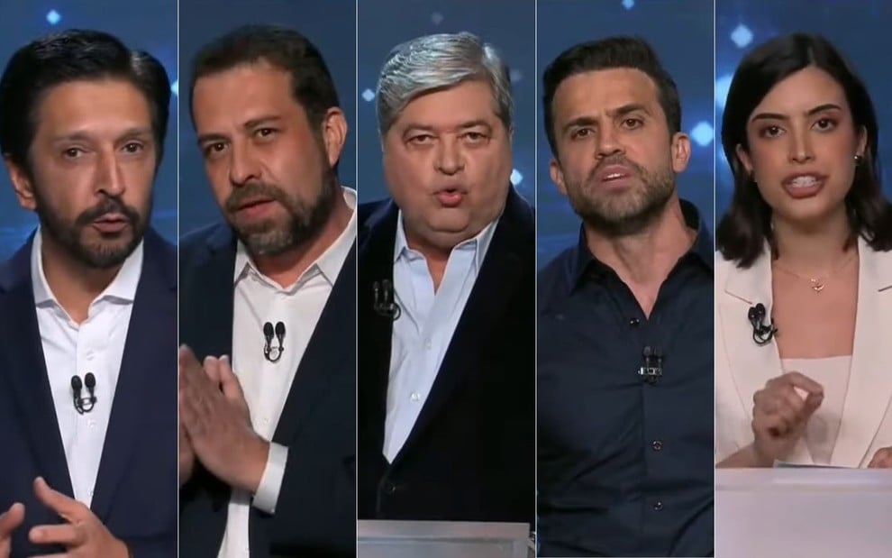 Montagem com fotos de Ricardo Nunes, Guilherme Boulos, José Luiz Datena, Pablo Marçal e Tabata Amaral no debate da Band