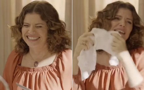 Debora Bloch está morrendo de rir durante uma das gravações de No Rancho Fundo