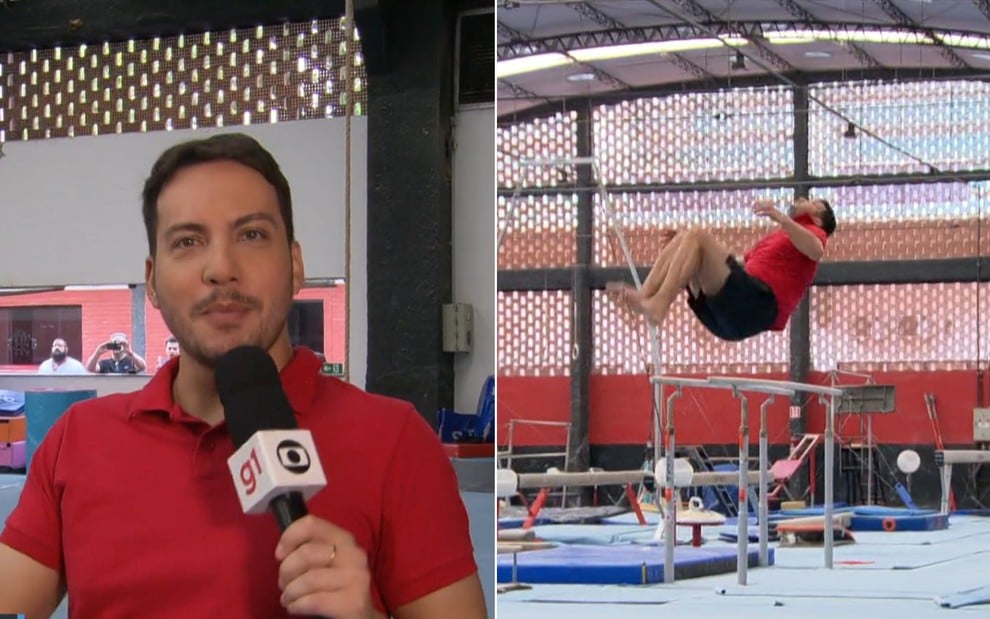 O repórter Diego Haidar faz acrobacias da ginástica artística durante o RJ 2 nesta quarta (31)