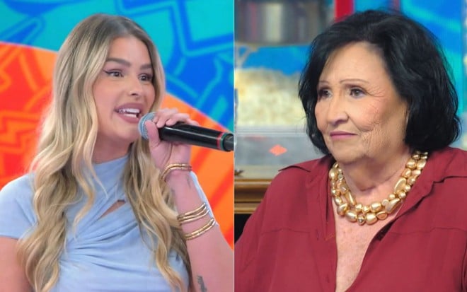 Montagem com fotos de Yasmin Brunet e dona Déa Lúcia no palco do Domingão com Huck